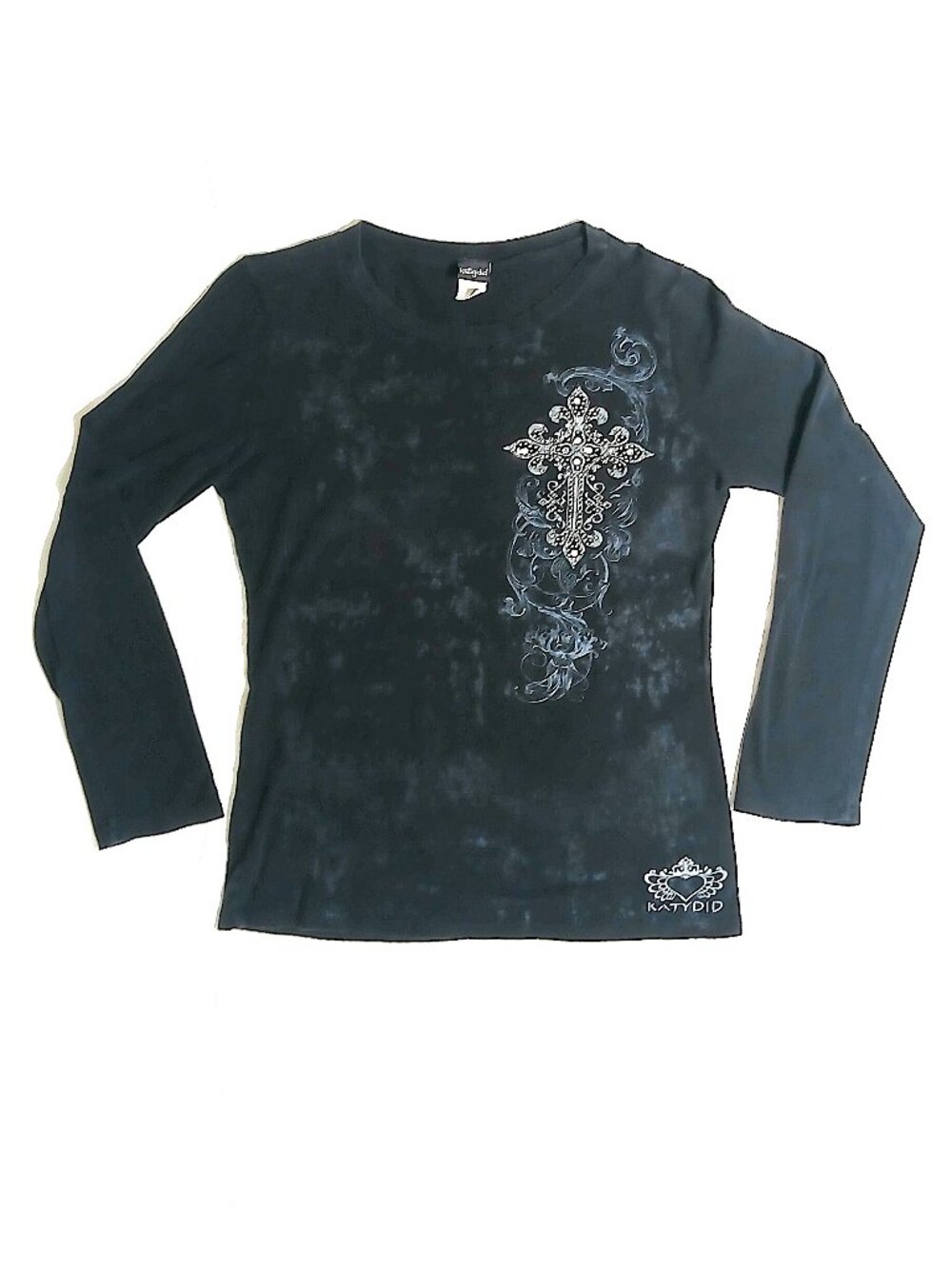 Katydid Black Rhinestone Cross Long Sleeve Shirt Women’s M Western Y2K